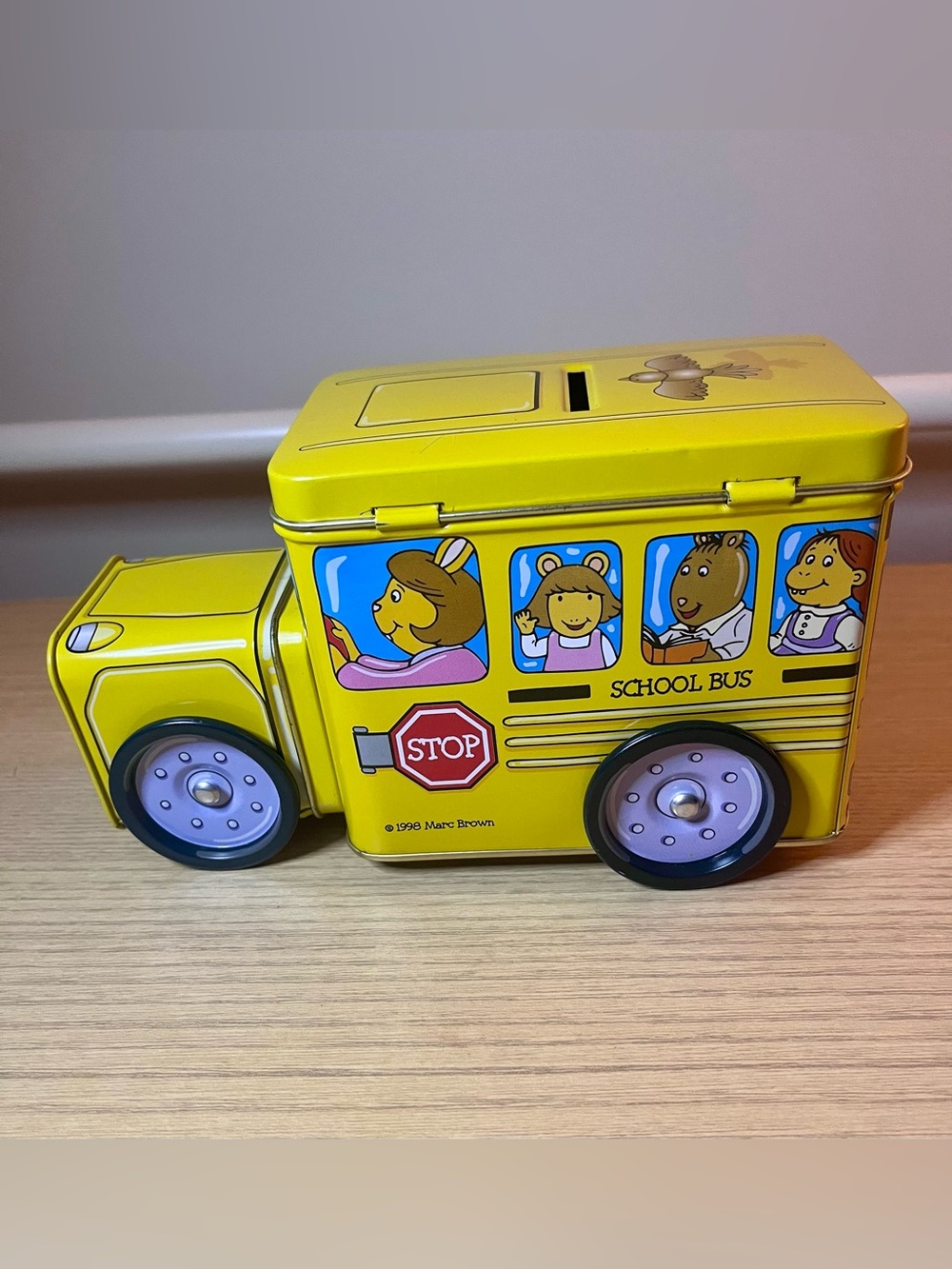 Vintage PBS Kids Arthur School Bus Yellow Tin Coin Bank - 1998 Marc Brown